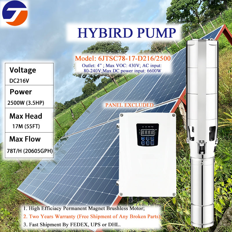 6 Inch 3.5HP Hybrid Solar Submersible Well Pump AC/DC Switchable MPPT, Ideal for Remote Farm Livestock Watering