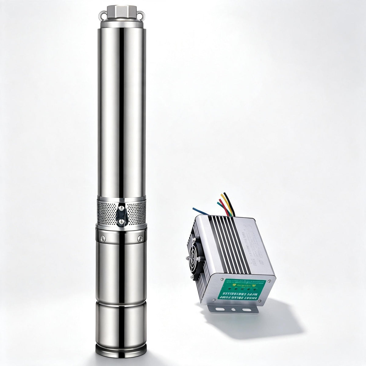 3‑Inch Brushless DC Solar Submersible Deep Well Pump with External MPPT Controller, Stainless Steel Solar Water Pump for Farm Irrigation, Livestock Drinking and Off‑Grid Household Water Supply