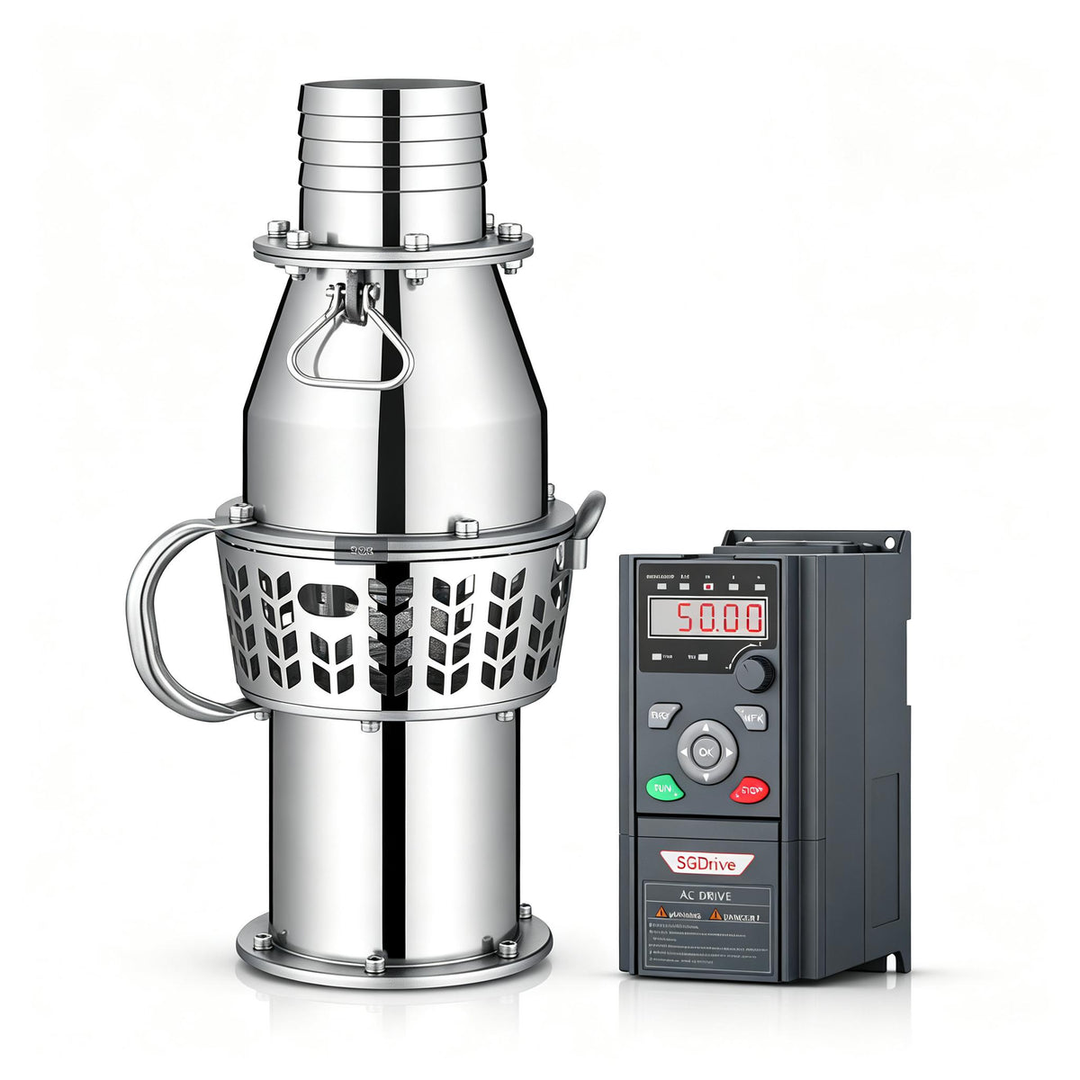 3‑Phase AC‑DC 380V Large Flow Solar Submersible Drainage Pump, Full Stainless Steel Body, Brushless Motor 3‑7.5KW, Max DC 700V with Controller for Tank Drainage & Farm Irrigation