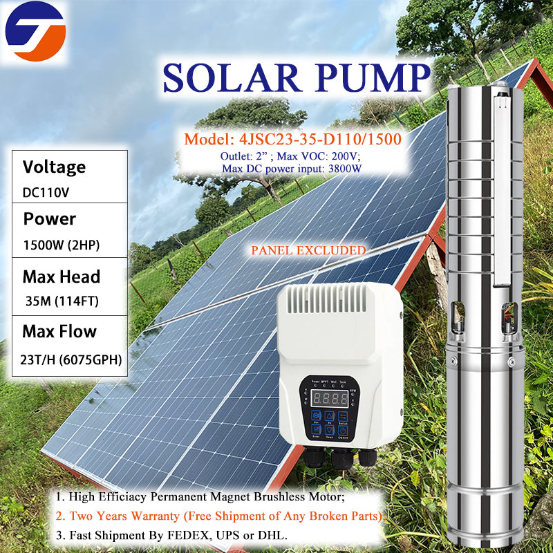 Pure DC Solar Water Submersible Pump, Stainless Steel Impeller Deep Well Pump Complete with Solar Installation Cables