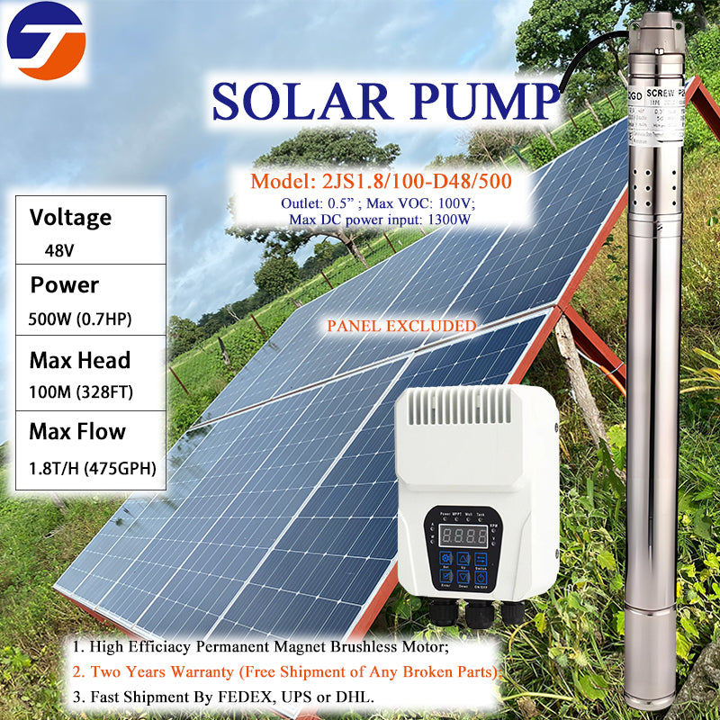 2 Inch Stainless Steel Solar Submersible Water Pump, DC Brushless Motor with MPPT Controller for Well Irrigation Farm Water Supply